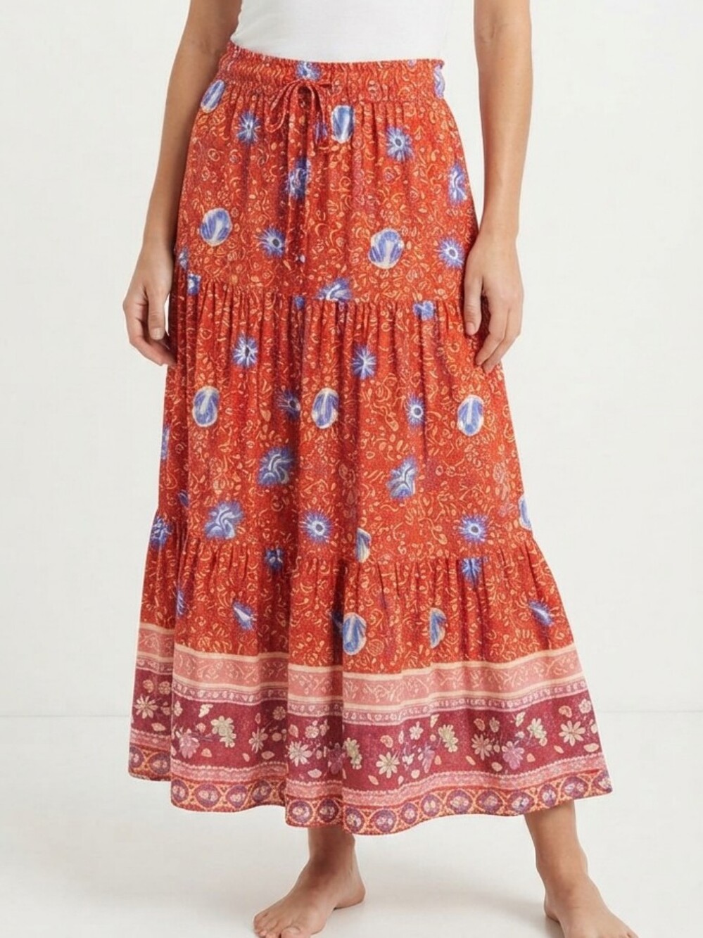 SHEIN Cherry Red Floral Tiered Maxi Skirt Size Large W 15-21" L 40"